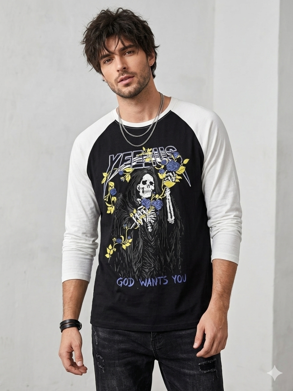 Graphic Raglan Long-Sleeve Tee in Black and White